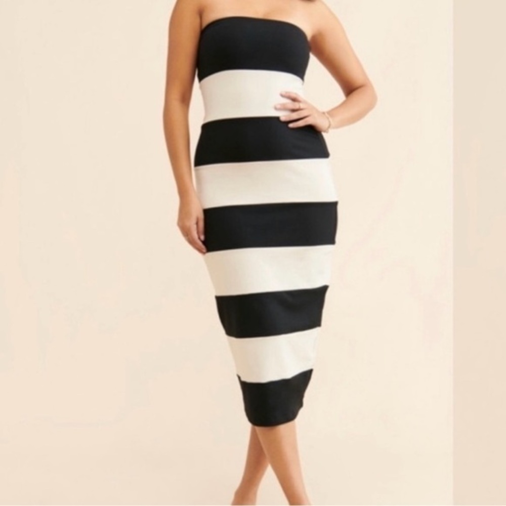 SUSANA MONACO WOMEN’S REVOLVE  STRIPE TUBE DRESS BLACK LIGHT TAN SZ L